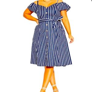 City Chic Striped cold-shoulder dress in ivory and navy size 16